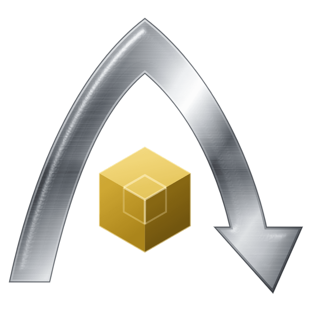 COMO logo: a metallic arch over a gold cube